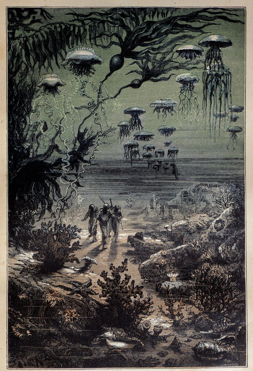 Undervandsgulv. Illustration af Edouard Riou (1833-1900) til romanen "Tyve tusinde ligaer under havene"" af Jules Verne (1828-1905) Privatsamling fra det 19. århundrede af Edouard Riou