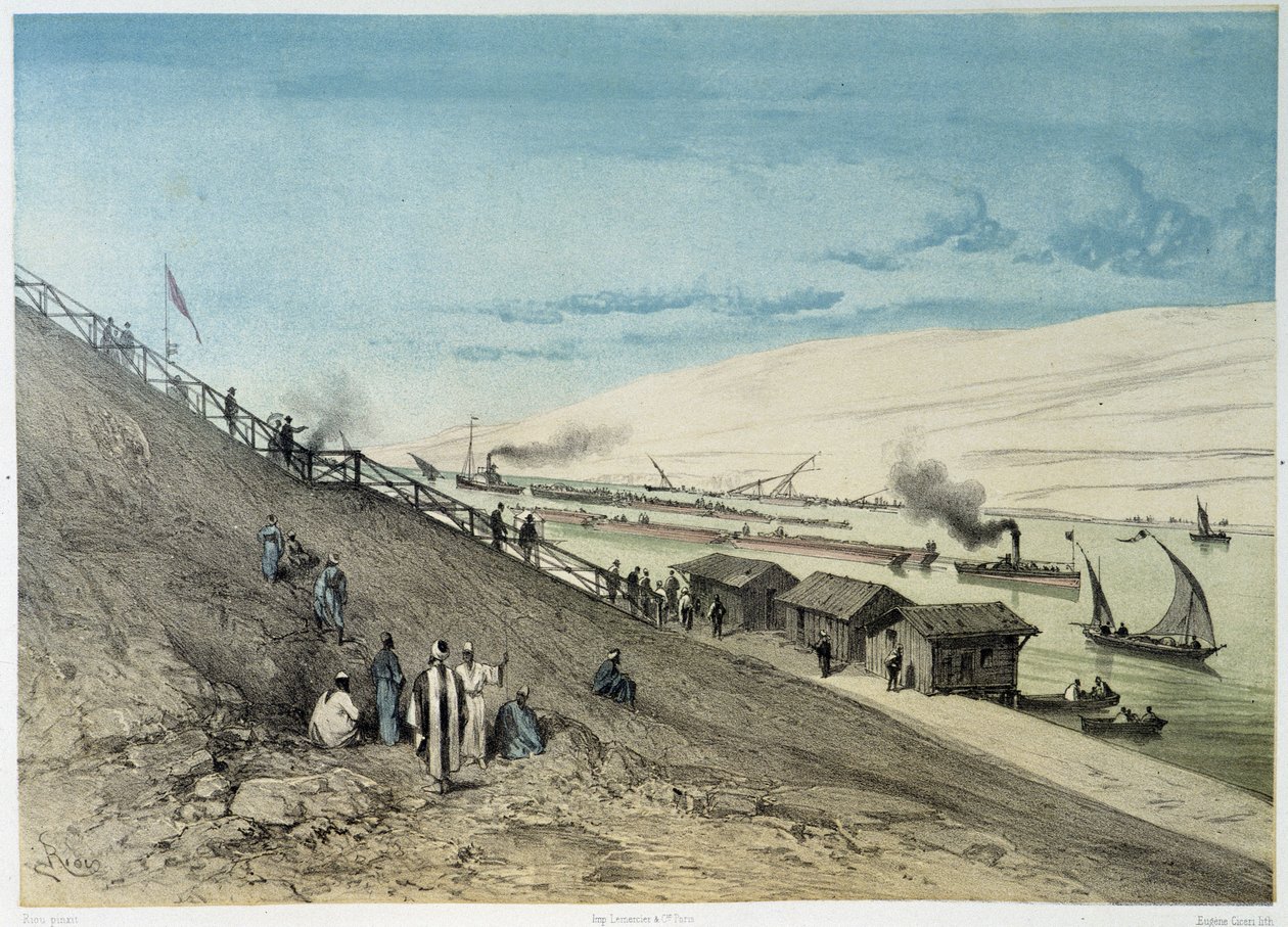 Udsigt over kanalen i "" Indvielse af Suez-kanalen af G. Nicole. 1869 af Edouard Riou