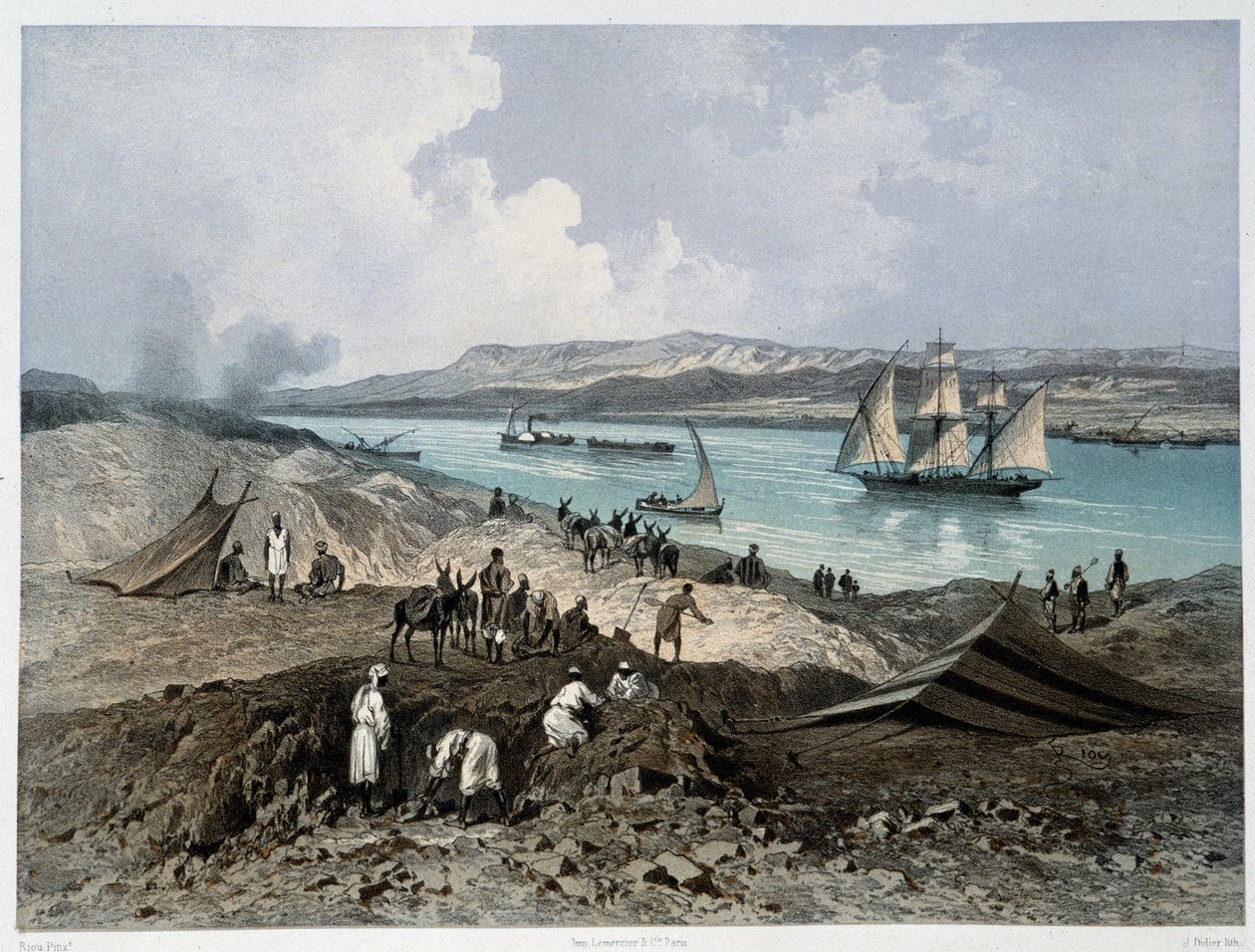 Udsigt over kanalen i "" Indvielse af Suez-kanalen af G. Nicole. 1869 af Edouard Riou