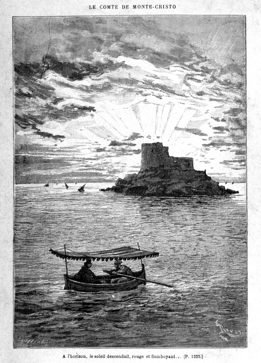 Sejler til øen - Indgravering af Riou, i "" Greven af ​​Monte-Cristo"" af A. Dumas, red. Jules Rouff & Cie af Edouard Riou