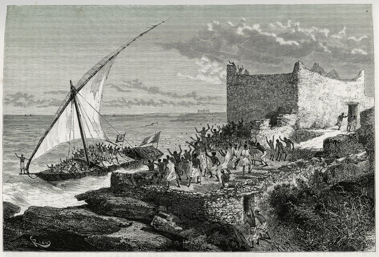 Med gødningen fra rejsende, der kommer ind i havnen i Moguedouchou (Mogadishu), laver sejlere en enorm ketcher for at tiltrække de mennesker, der byder dem velkommen med råb af begejstring. Gravering af Riou, for at illustrere historien "" Voyage chez les  af Edouard Riou