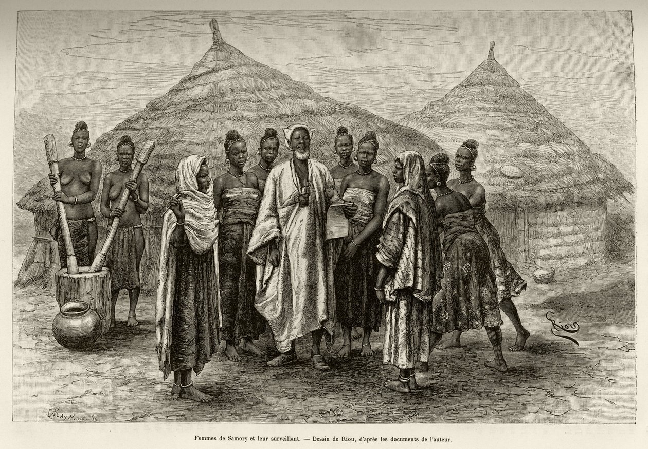 Women of Samory Toure (ca. 1835-1898) krigschef for Niger-sløjfen og deres supervisor, Sonninke, som ved, hvordan man læser og skriver arabisk, som det fremgår af papiret, han holder i hånden. Gravering af Riou, for at illustrere historien "" Fra Niger til af Edouard Riou