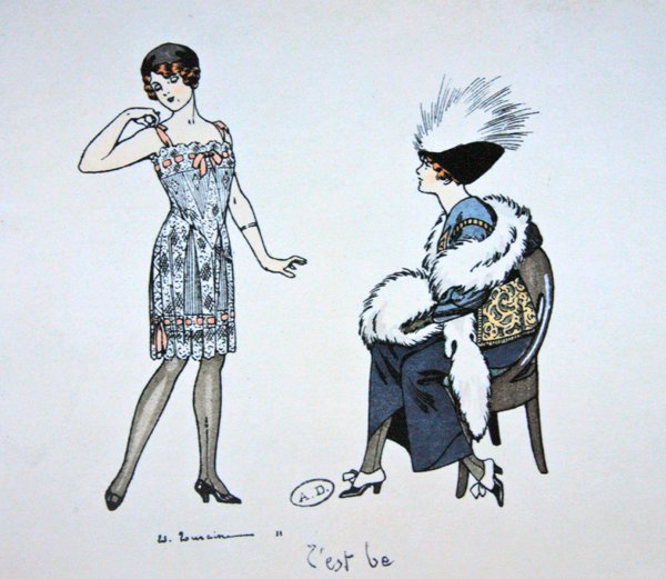 Mannequin, der viser en slip til en klient, ca. 1912 (farve litho) af Edouard Touraine
