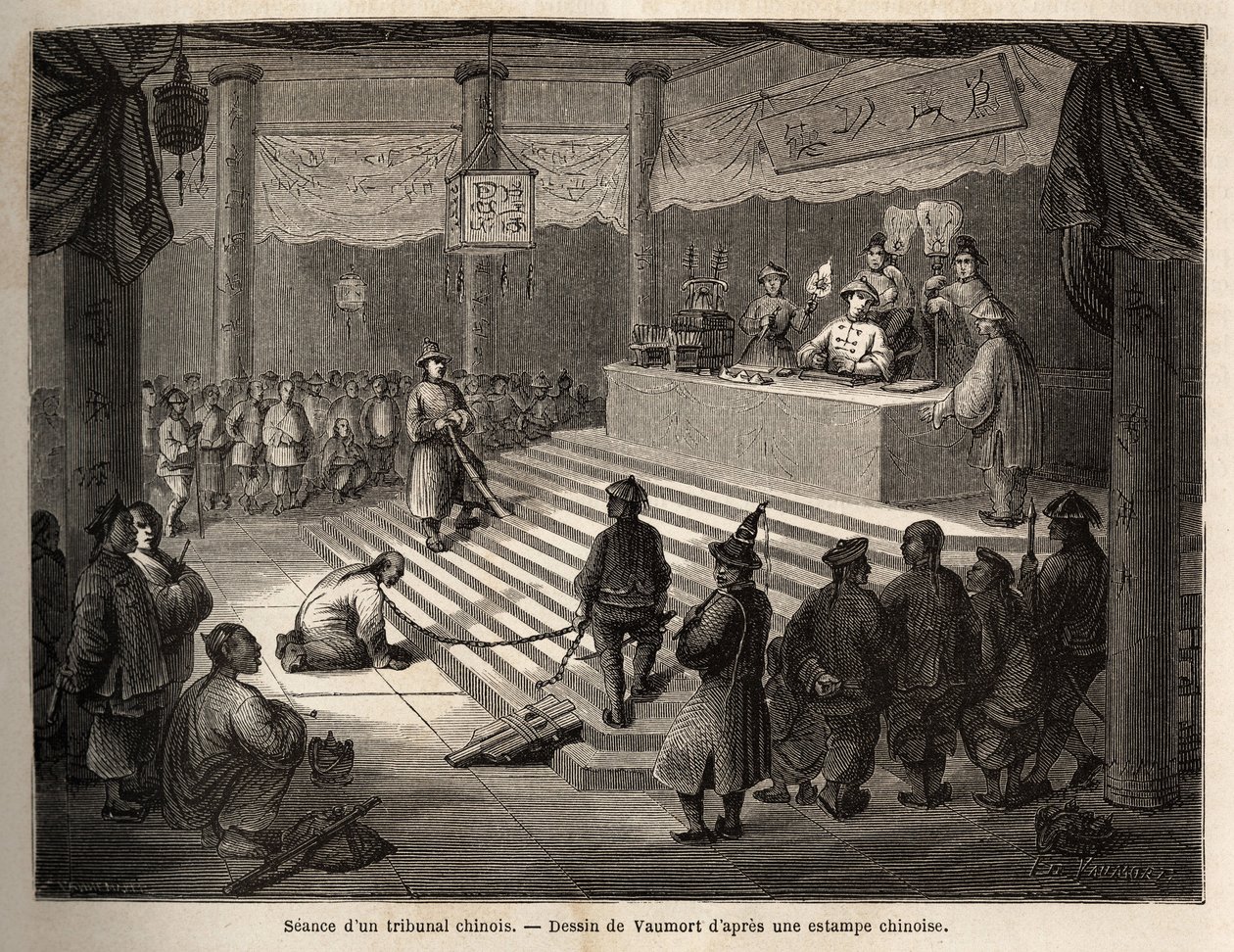 En kinesisk domstol, den anklagede dukker op ved retten omgivet af en gendarme, der holder ham lænket og hans slagter, tegning af Vaumort (? -1886), for at illustrere rejsen fra Shanghai til Moskva, fra 1859 til 1862, af M. de Bourboulon. , fransk minister af Edouard Vaumort