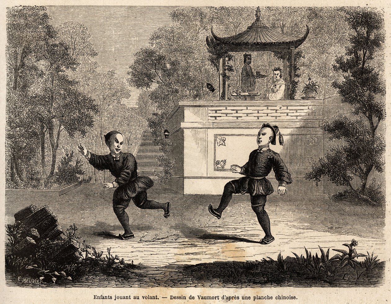 Kinesiske børn, der leger ved rattet (læderkugle, tunge metalringe og implanterede 3 lange fjer), under opsyn af deres mor, tegning af Vaumort (? -1886), for at illustrere rejsen fra Shanghai til Moskva, fra 1859 til 1862, af M. de Bourb af Edouard Vaumort