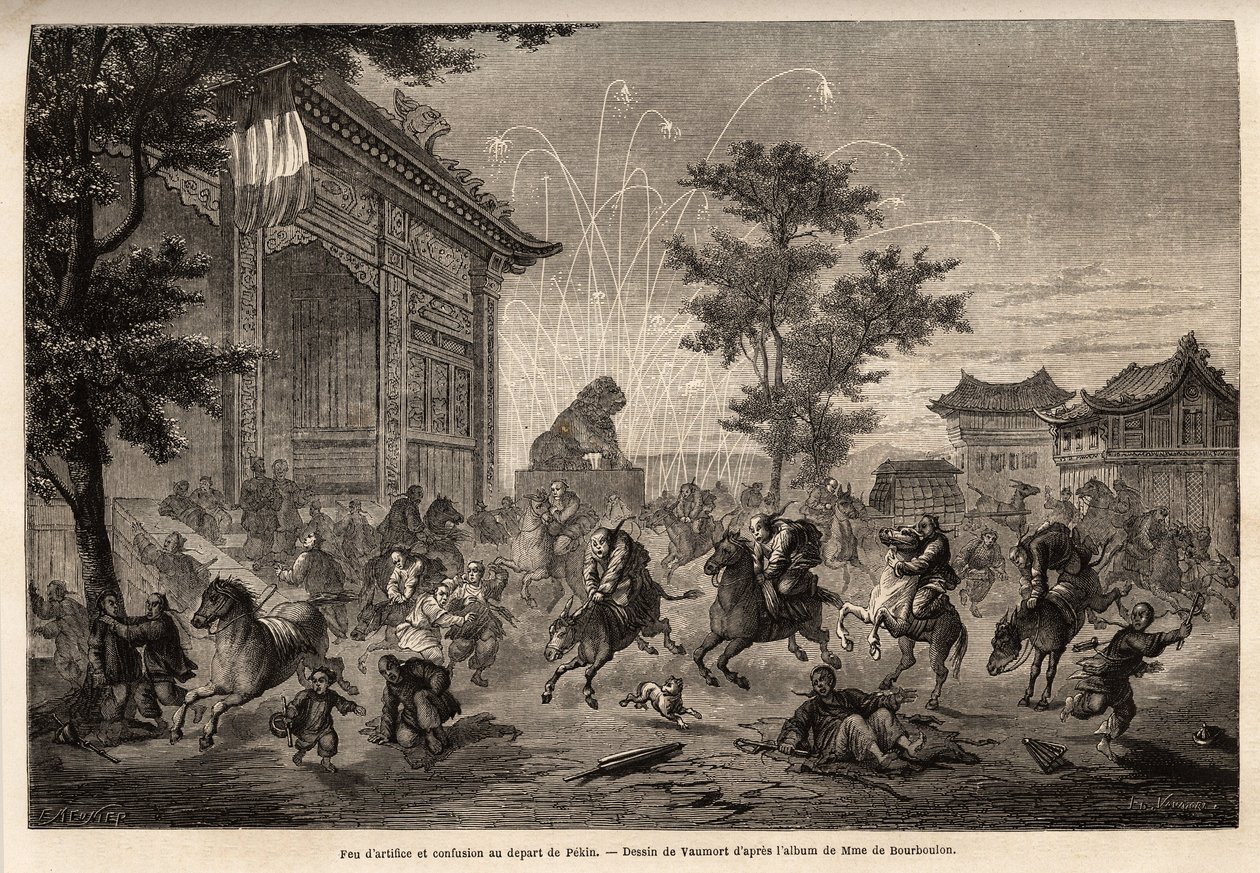 Fyrværkeri i Pekin og forvirring af besætningen på den franske legation ved afrejsen til Mongoliet. Tegning af Vaumort (? -1886), for at illustrere rejsen fra Shanghai til Moskva, fra 1859 til 1862, af M. de Bourboulon, fransk minister til Kina. Gravering af Edouard Vaumort