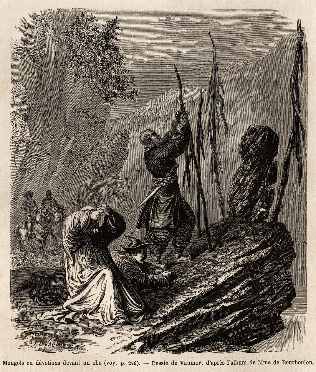 Mongoler i hengivenhed til en obo, nær Bakka- og Mongoliet-bjergene, tegning af Vaumort (? -1886) for at illustrere rejsen fra Shanghai til Moskva, fra 1859 til 1862, af M. de Bourboulon, fransk minister til Kina. Indgravering i "" Le tour du monde"", red af Edouard Vaumort