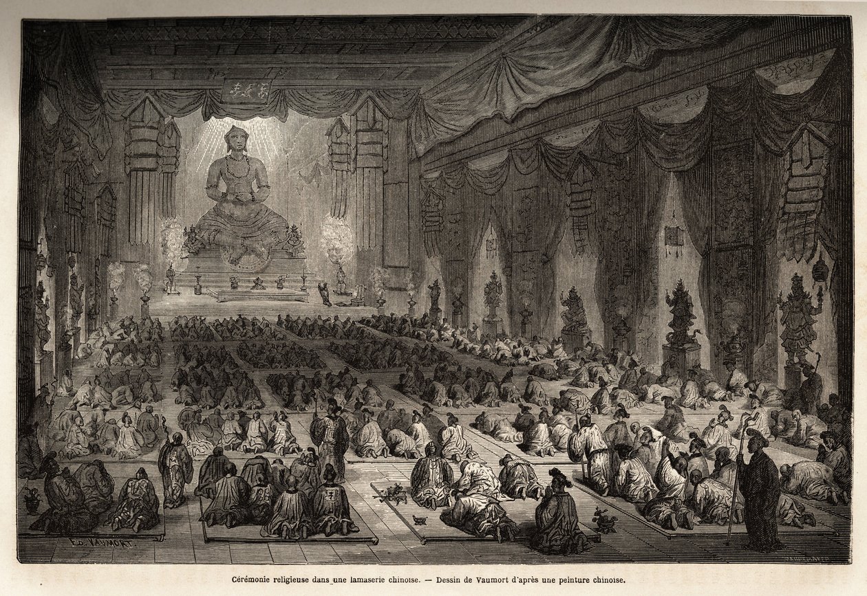 Religiøs ceremoni i et kinesisk lamasserie, tegnet af Vaumort (? -1886), for at illustrere rejsen fra Shanghai til Moskva, fra 1859 til 1862, af M. de Bourboulon, fransk minister i Kina. Indgravering i "" Le tour du monde"", redigeret af Edouard Charton af Edouard Vaumort