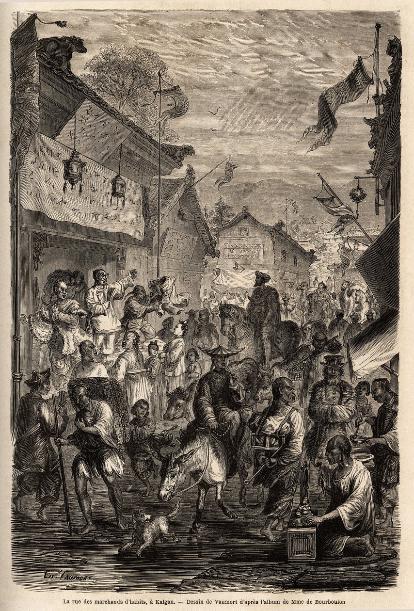Gaden med tøjhandlere, Kalgan, Mongoliet. Tegning af Vaumort (? -1886), for at illustrere rejsen fra Shanghai til Moskva, fra 1859 til 1862, af M. de Bourboulon, fransk minister til Kina. Indgravering i "" Le tour du monde"", redigeret af Edouard Chart af Edouard Vaumort