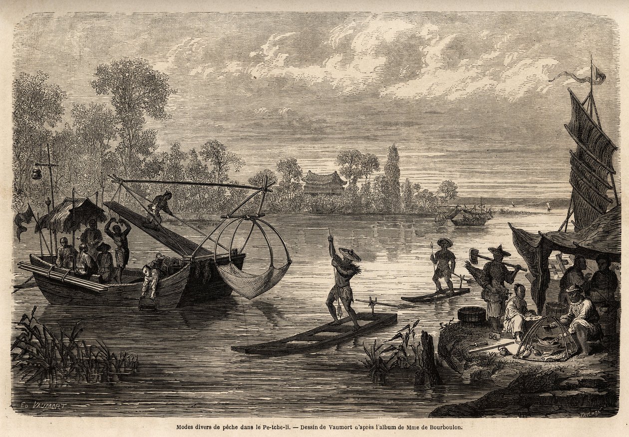 De forskellige metoder til at fiske floderne i provinsen Pet Tche Li (ildfiskeri, tridentfiskeri, fiskefiskeri, skakfiskeri og kystfiskeri) beskrives. Tegning af Vaumort (? -1886), for at illustrere rejsen fra Shanghai til Moskva, fra 185 af Edouard Vaumort