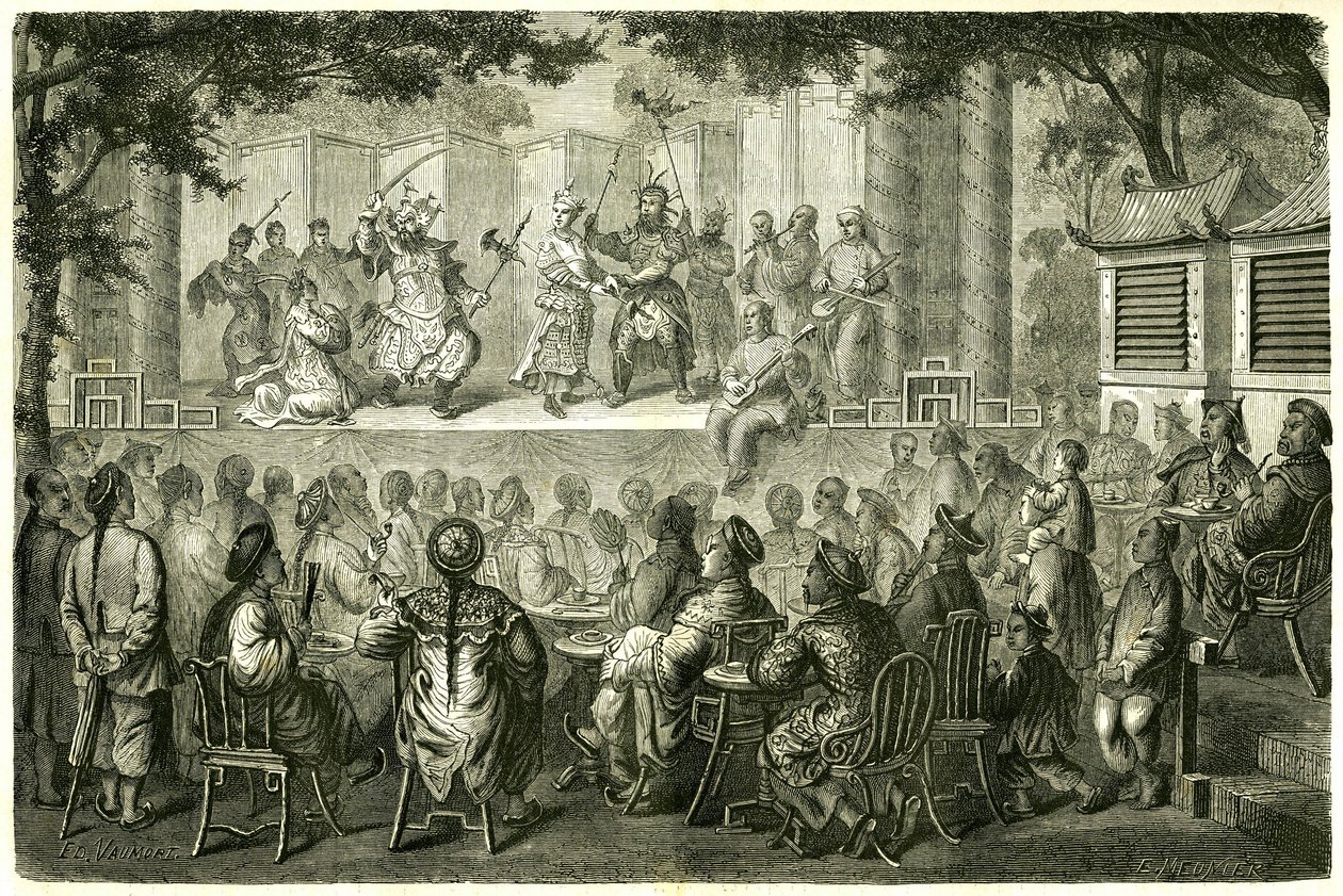 Udsigt over en repræsentation af Opera de Pekin (Beijing), Kina, efter Madame de Bourboulons rejsehistorie. Gravering efter en tegning af Vaumort, i "" Le Tour du Monde, Nouveau journal des Voyages"", redigeret af Edouard Charton, Paris af Edouard Vaumort