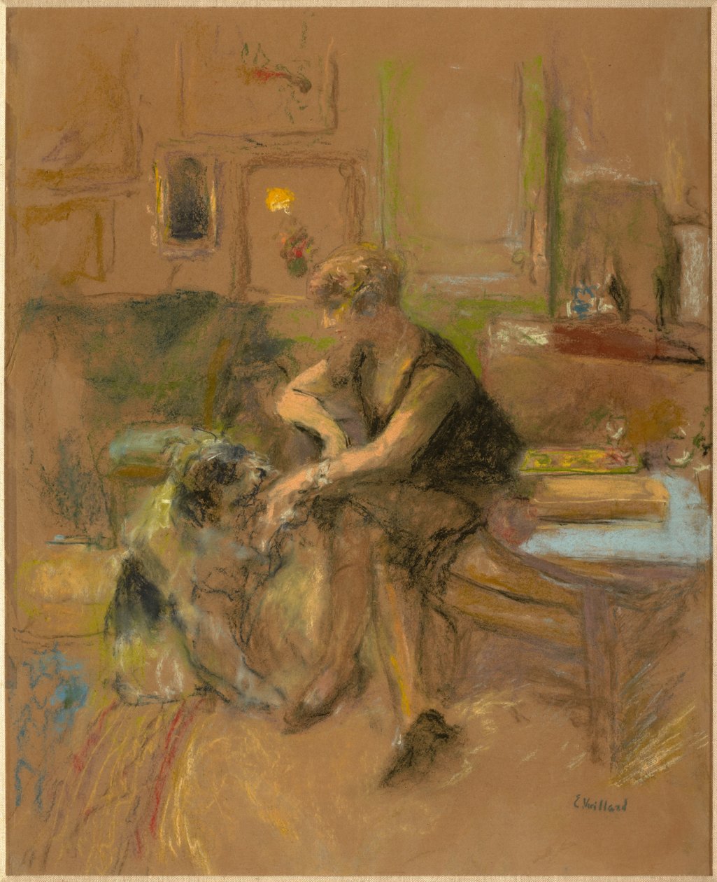 Gabrielle Jonas leger med en hund af Edouard Vuillard