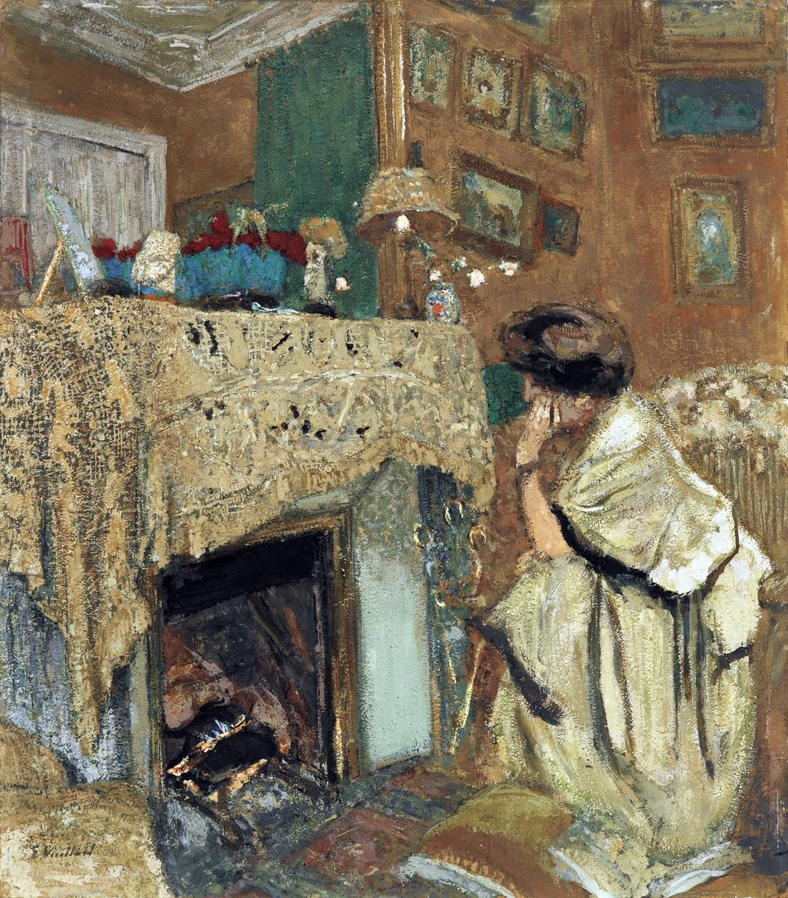 Madame Hessel (Lucy Hessell) ved pejsen - Peinture par Vuillard, Edouard (1868-1940) af Edouard Vuillard