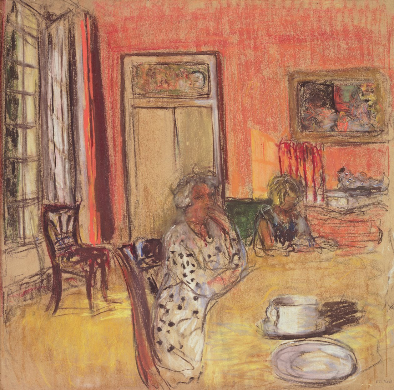 Madame Hessel og Lulu i spisestuen på Château des Clayes, ca. 1935-38 af Edouard Vuillard