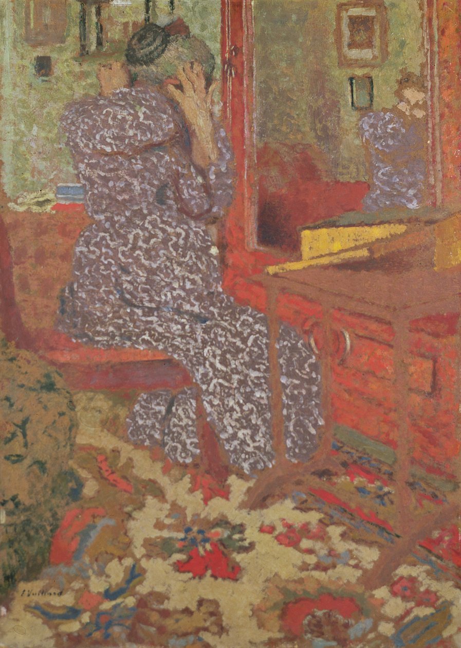 Madame Vuillard ordner sit hår, 1900 (bord) af Edouard Vuillard