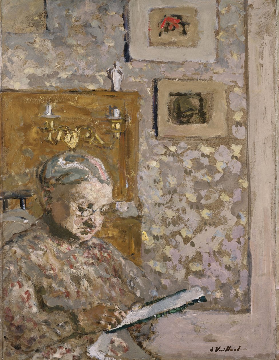 Mme Vuillard med et gobelin, ca. 1910 (olie på bord) af Edouard Vuillard