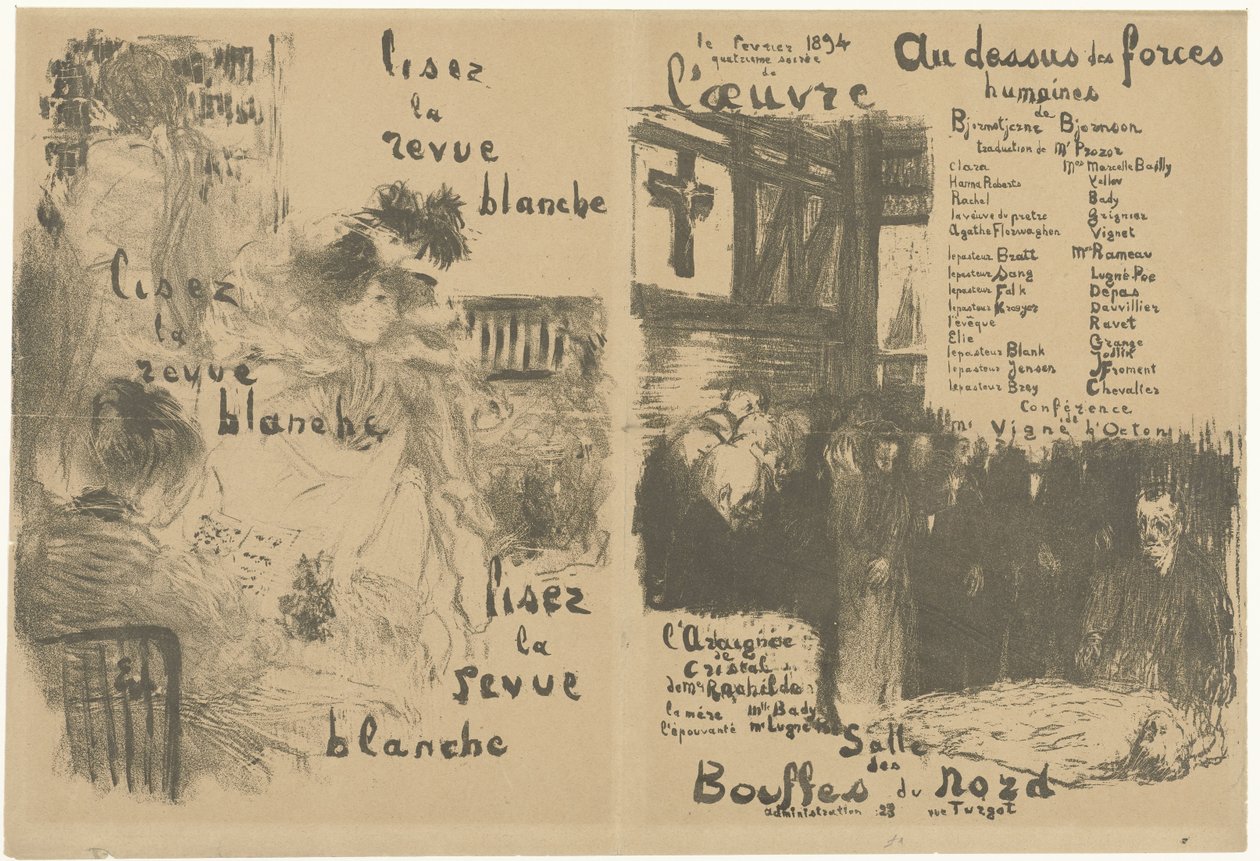 Forsideprogramhæfte med annonce for La Revue Blanche og annoncering af stykket Au-dessus des forces humaines Lisez la revue blanche Au-dessus des forces humaines af Edouard Vuillard