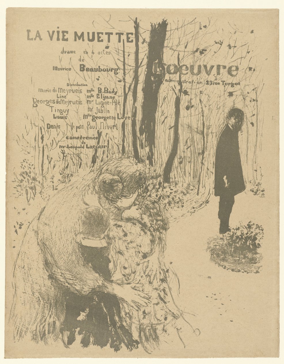 Forside til programhæfte med kvinde med to børn og mand i parken til leg La vie muette med liste over roller og skuespillere La vie muette af Edouard Vuillard