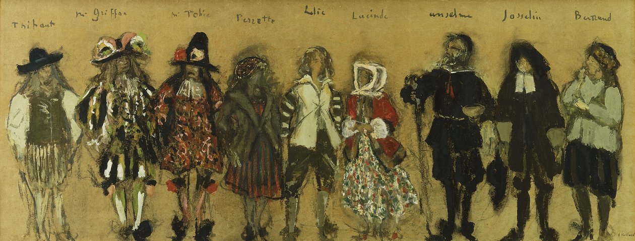 Studie til kostumer for ni skuespillere i "La Coupe Enchantee" for Jean de la Fountaine; Kostumestudier til de ni karakterer i den fortryllede bæger af Jean de la Fontaine, 1918 af Edouard Vuillard