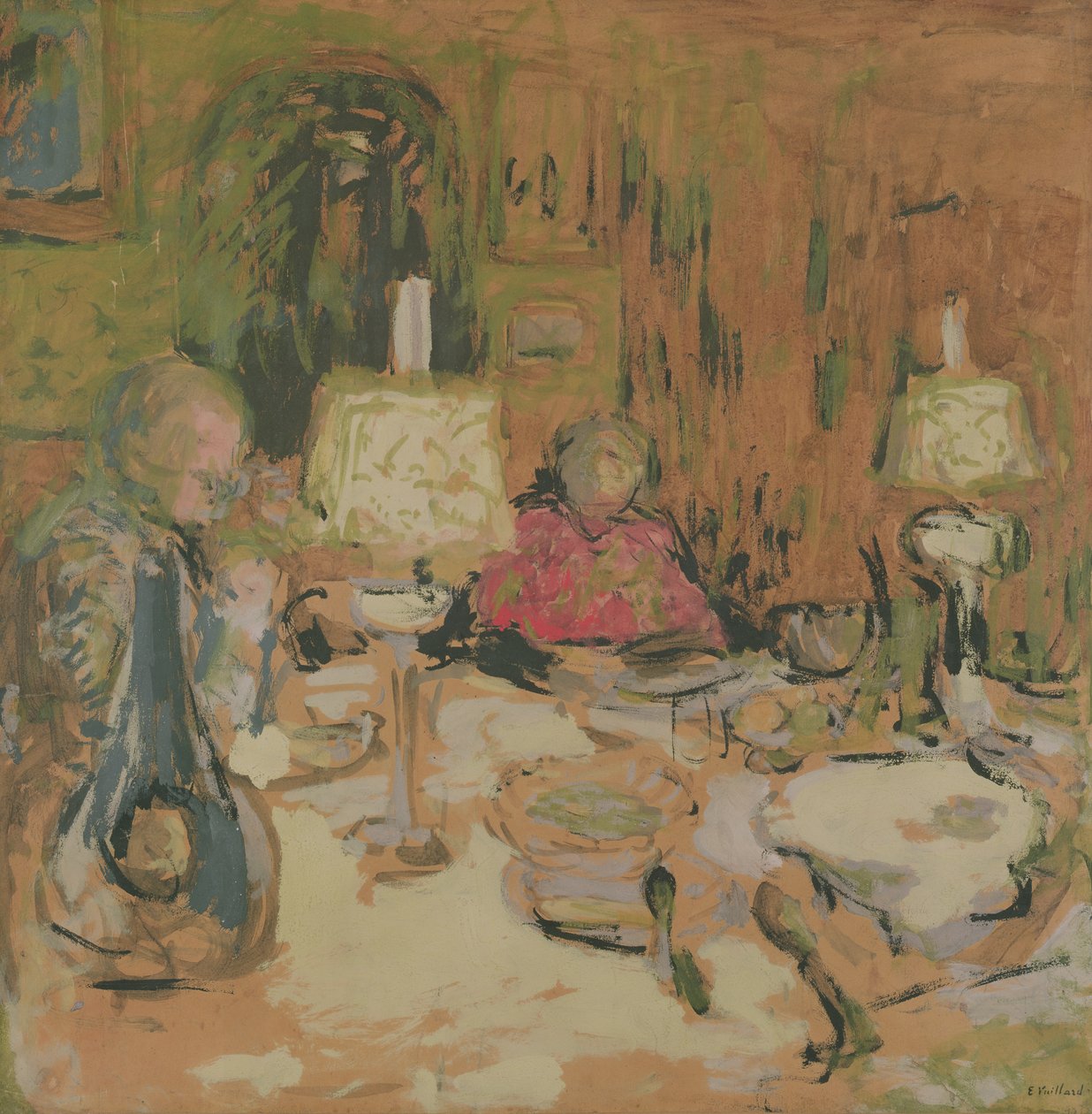 Middagen med to lamper, rue de Calais, 1913 (ditemper på brunt papir) af Edouard Vuillard