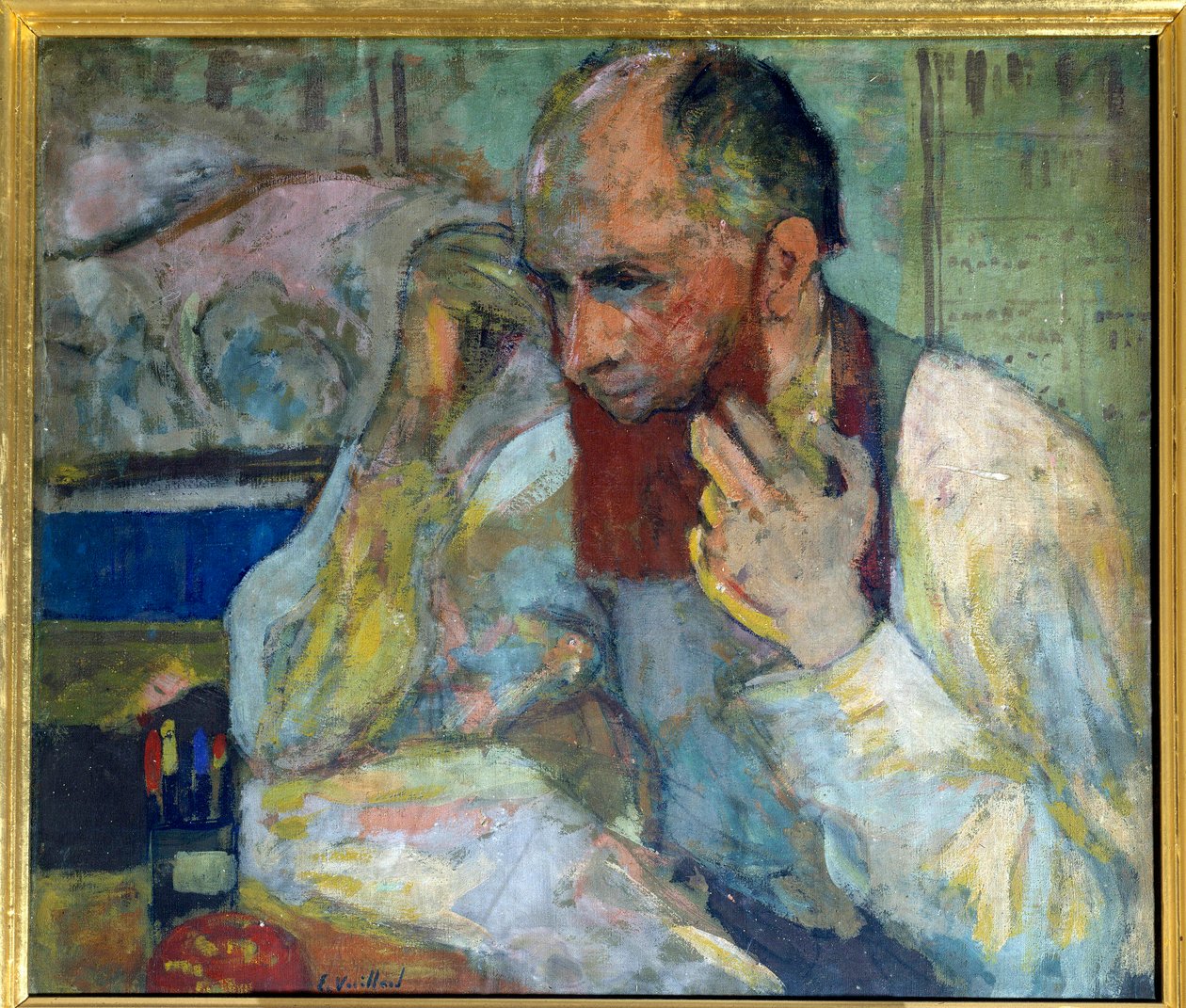 Komikeren Aurelien Lugne Poe (Lugne-Poe) (1869-1940) laver make-up, Paris fra det 20. århundrede, Komedie af Champs Elysees (olie på lærred) af Edouard Vuillard