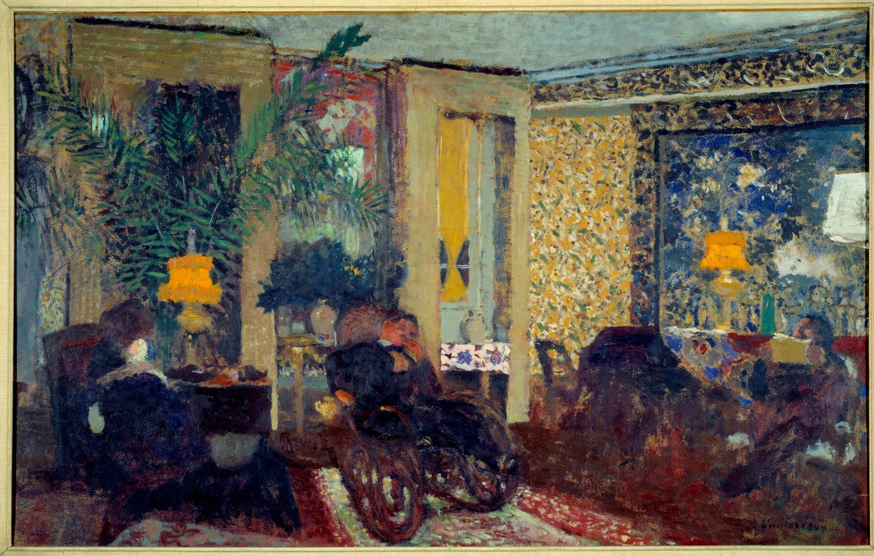Stuen med tre lamper St. Florentine. Interiør af en stue i en lejlighed. I midten sidder en mand på en gyngestol. Maleri af Edouard Vuillard (1868-1940) af Edouard Vuillard