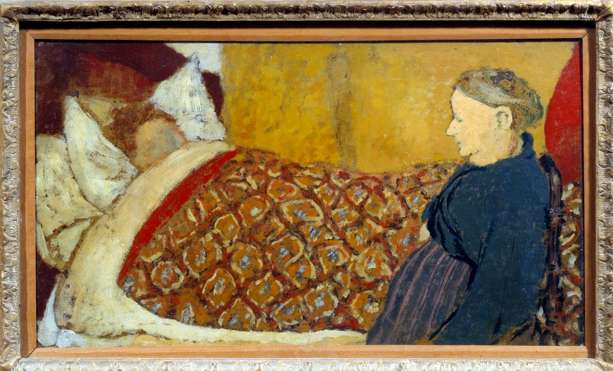 Vuggevisen En bedstemor synger en vuggevise eller fortæller en historie til et barn i søvn. Kartonmaroufle på træpanel Parqueque d"Edouard Vuillard af Edouard Vuillard