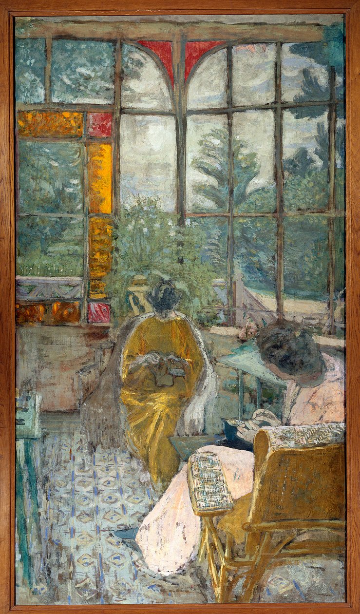 To kvinder broderer under en veranda. Lucie Hessel og skuespillerinde Marthe Mellot af Edouard Vuillard