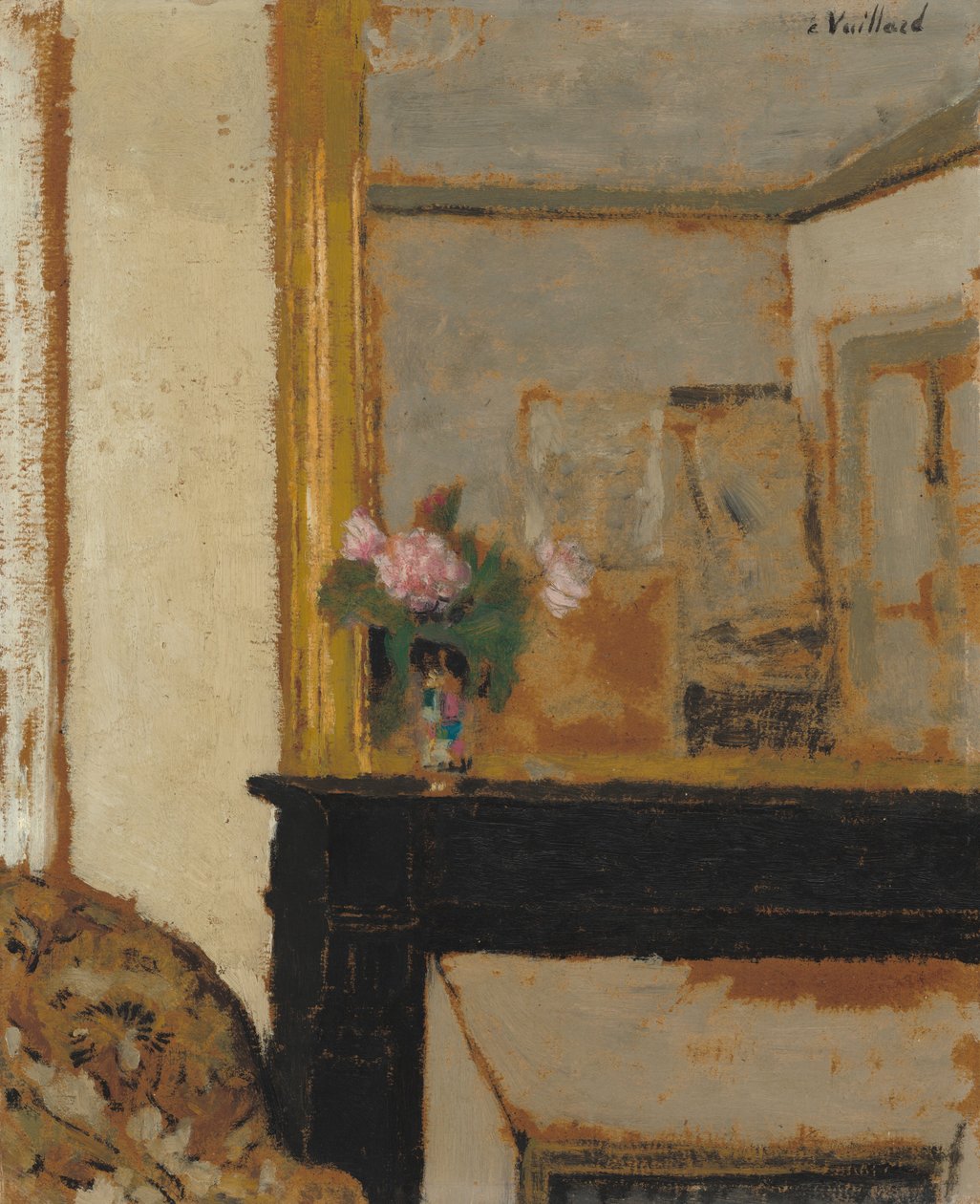 Vase med blomster på en kappe af Edouard Vuillard