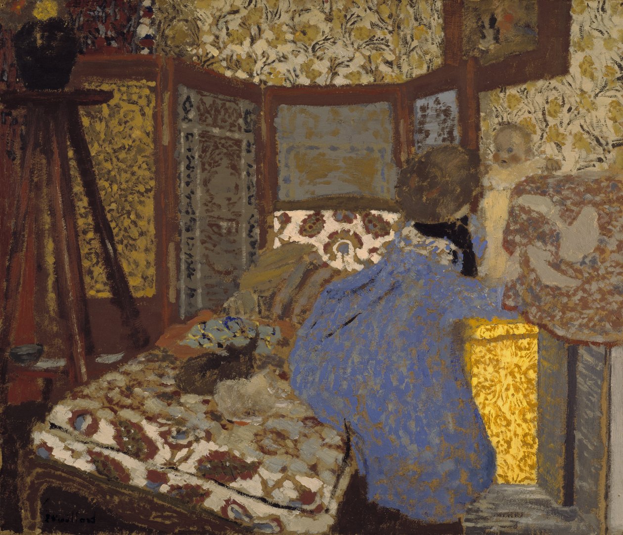 Kvinde i blåt med et barn, ca. 1899 (olie på karton) af Edouard Vuillard