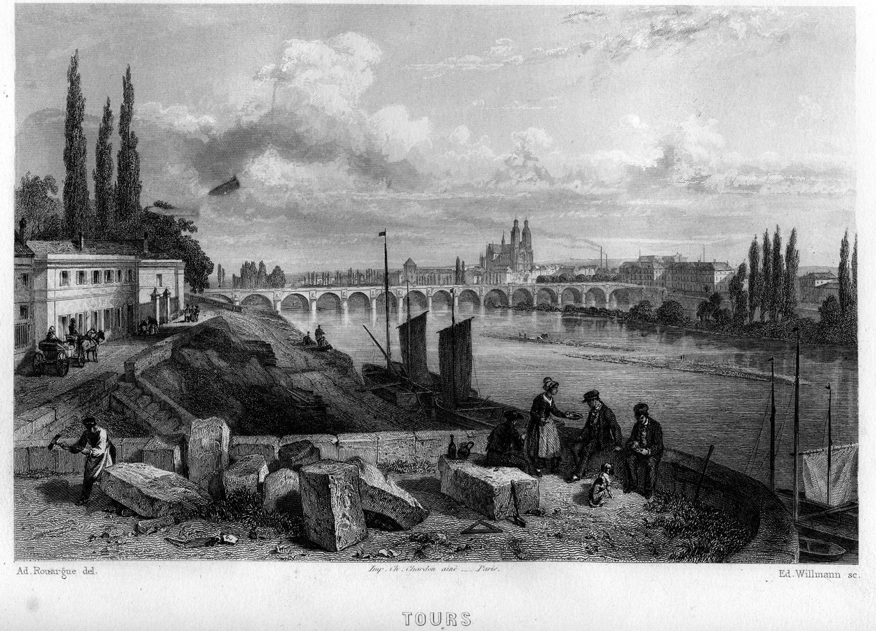 Byudsigt over Tour, Indre-et-Loire (Indre et Loire), Centre, Frankrig. Gravering af Willmann i "Ancient and Modern France"" af Jean-Bernard Mary-Lafon (Jean Bernard Mary Lafon) af Edouard Willmann