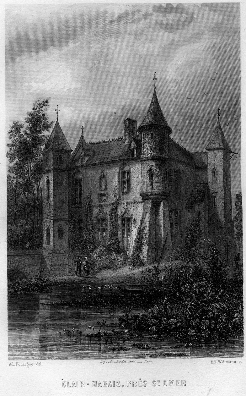 Clair-marsk (Clair-Marais eller Clairmarais) nær Saint Omer (Saint Omer), Pas-de-Calais, Nord-Pas-de-Calais-regionen (Nord Pas de Calais), Frankrig. Gravering af Willmann i "Ancient and Modern France"" af Jean-Bernard Mary-Lafon (Jean Bernard Mary Lafon) af Edouard Willmann