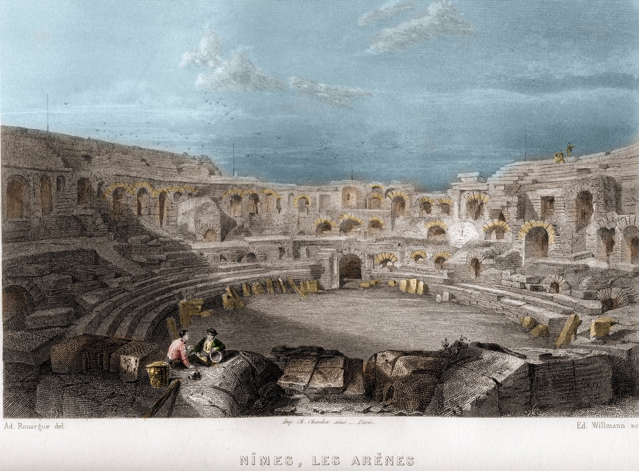 Arenaen i Nimes, Gard, Languedoc-Roussillon (Languedoc Roussillon), Frankrig. Gravering af Willmann i "Ancient and Modern France"" af Jean-Bernard Mary-Lafon (Jean Bernard Mary Lafon) af Edouard Willmann