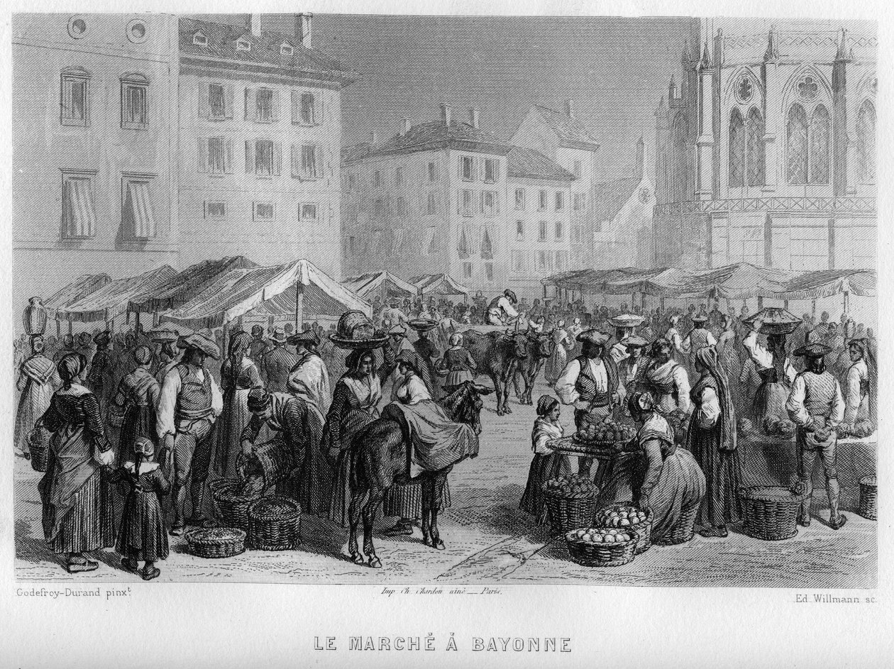 Marche i Bayonne, Pyrenees-Atlantiques (Pyrenees Atlantiques), Aquitaine, Frankrig. Gravering af Willmann i "Ancient and Modern France"" af Jean-Bernard Mary-Lafon (Jean Bernard Mary Lafon) af Edouard Willmann