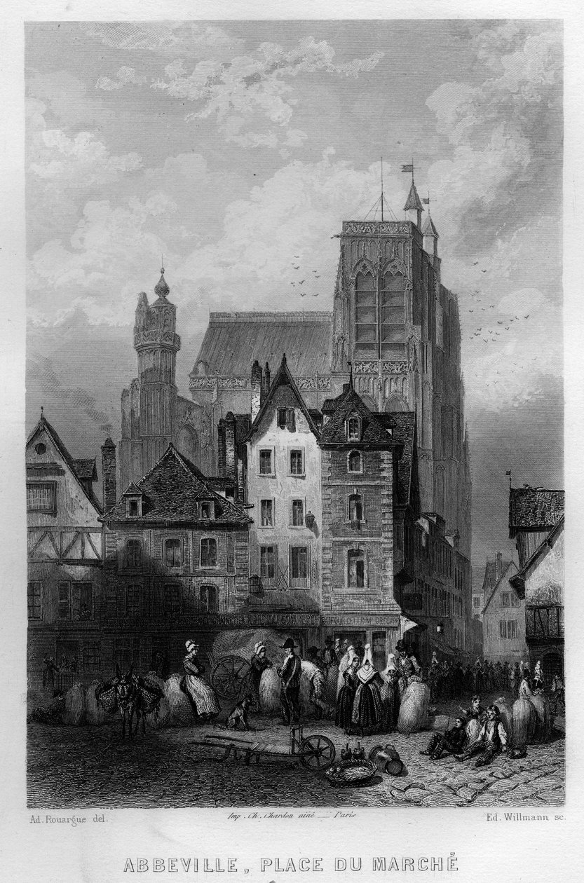 Place du Marche i byen Abbeville, Somme, Picardie, Frankrig. Gravering af Willmann i "Ancient and Modern France"" af Jean-Bernard Mary-Lafon (Jean Bernard Mary Lafon) af Edouard Willmann