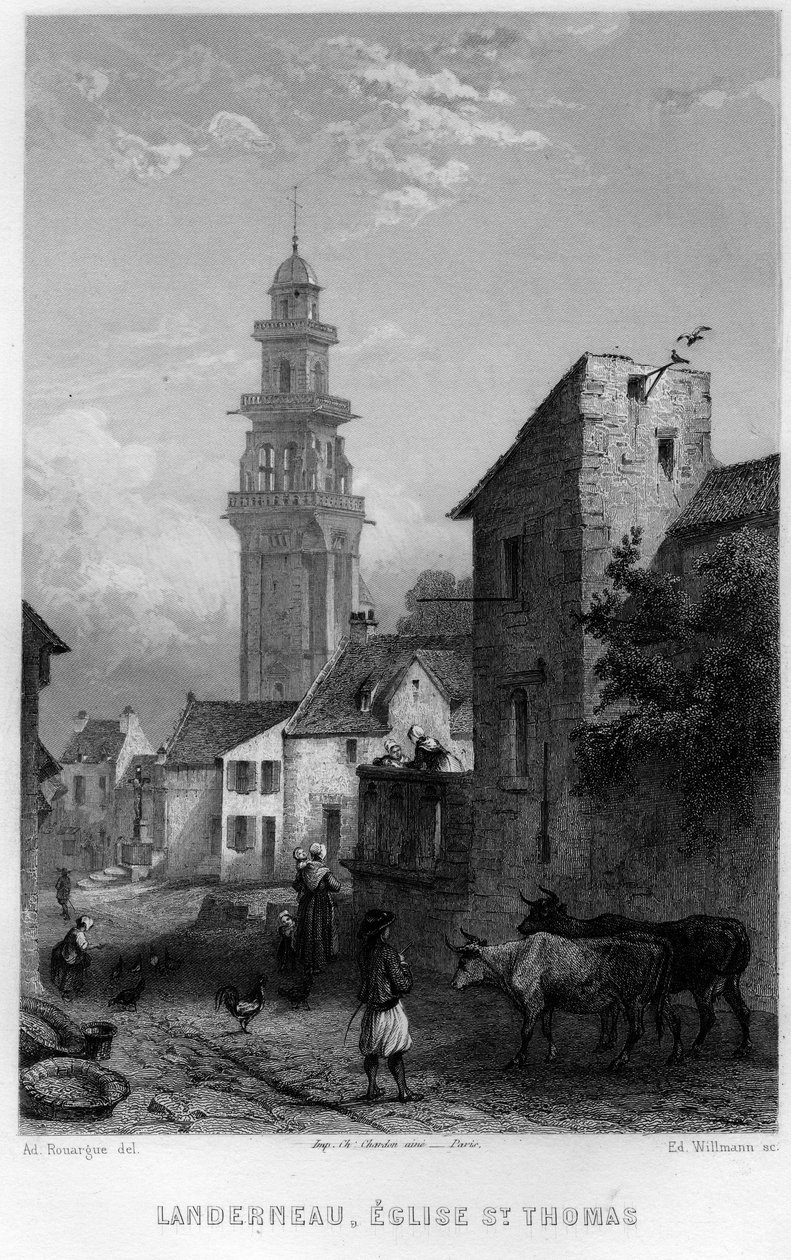 Udsigt over Landerneau og Saint Thomas Church, Finistere, Bretagne, Frankrig. Gravering af Willmann i "Ancient and Modern France"" af Jean-Bernard Mary-Lafon (Jean Bernard Mary Lafon) af Edouard Willmann
