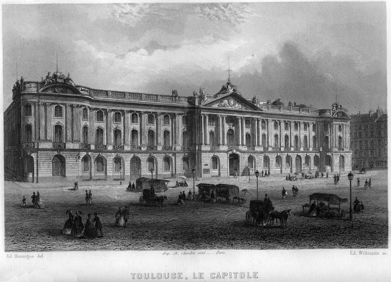 Udsigt over hovedstaden i byen Toulouse, Haute-Garonne (Haute Garonne), Midi-Pyrénées (Midi Pyrenæerne), Frankrig. Gravering af Willmann i "Ancient and Modern France"" af Jean-Bernard Mary-Lafon (Jean Bernard Mary Lafon) af Edouard Willmann
