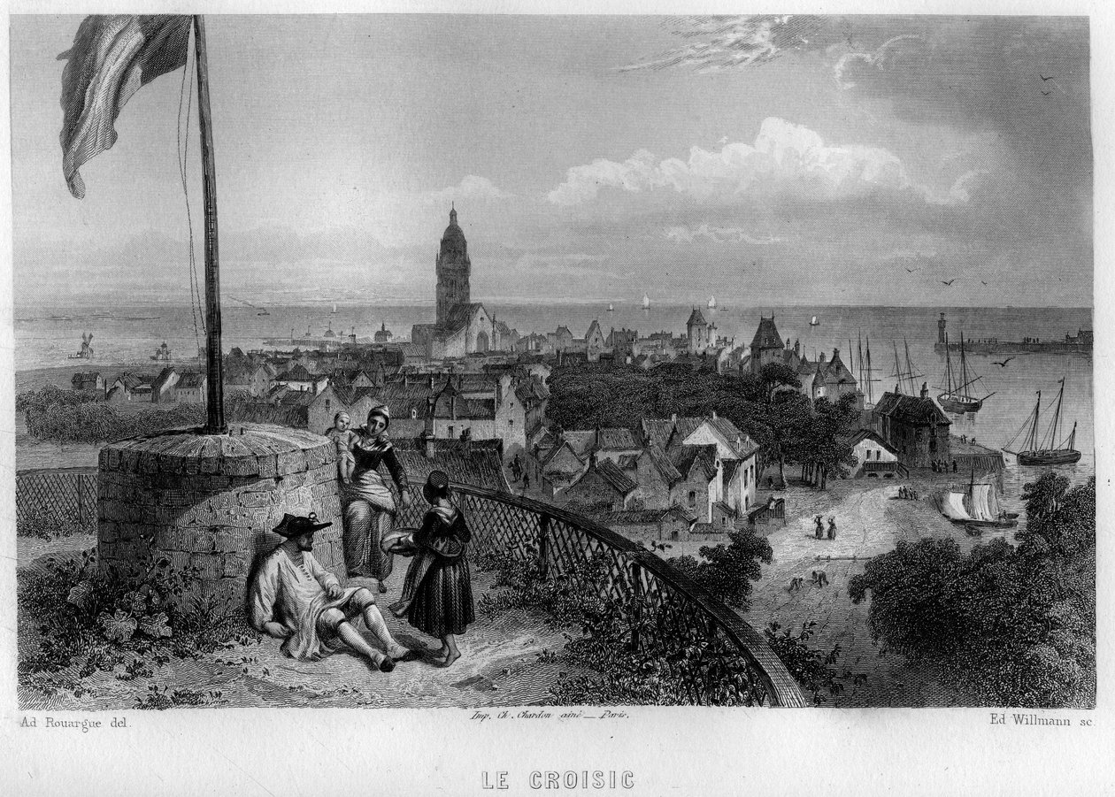 Udsigt over byen Croisic (Le Croisic), Loire-Atlantique (Loire Atlantique), Pays de la Loire, Frankrig. Gravering af Willmann i "Ancient and Modern France"" af Jean-Bernard Mary-Lafon (Jean Bernard Mary Lafon) af Edouard Willmann