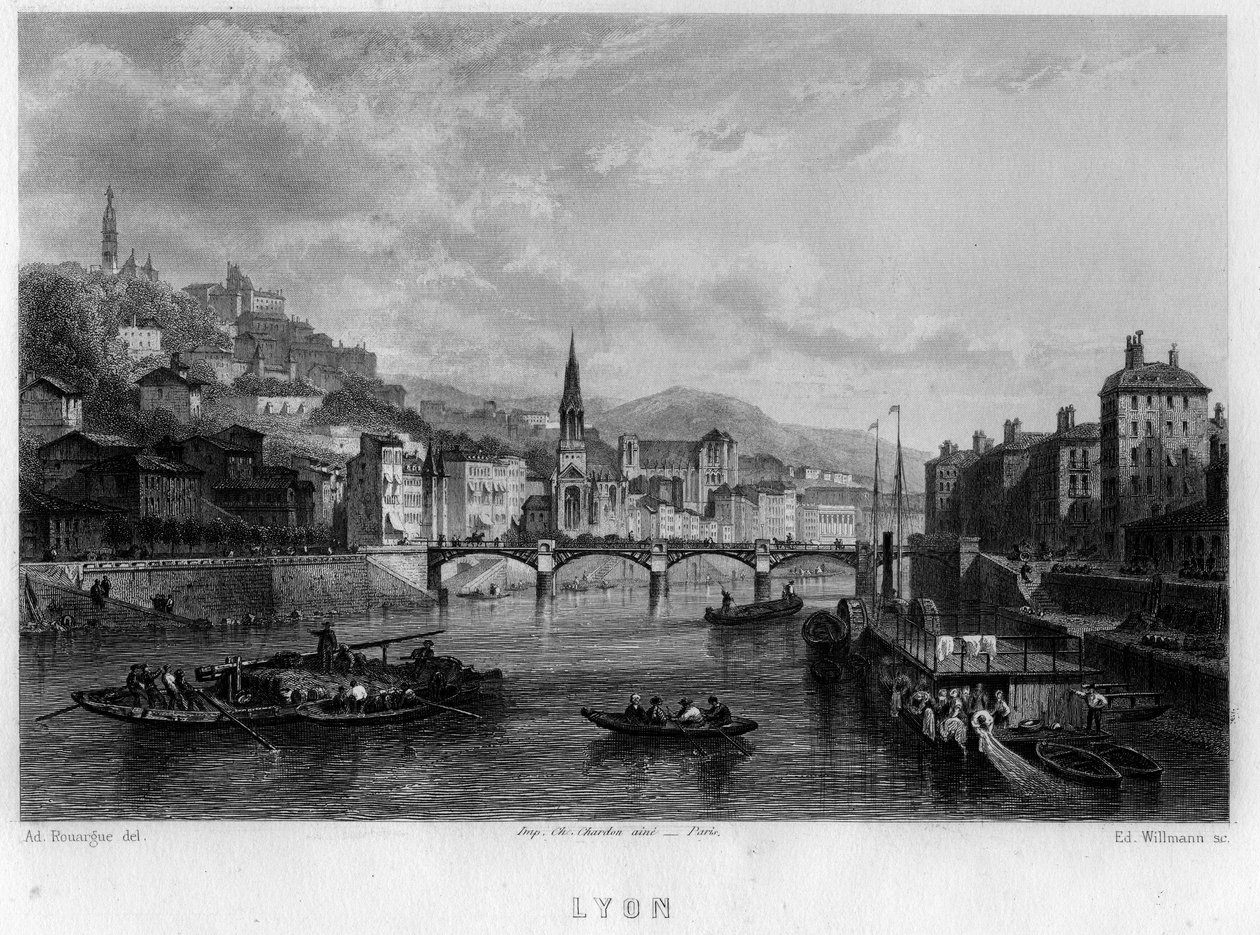 Udsigt over byen Lyon, Rhone-afdelingen, Rhone-Alpes-regionen, Frankrig. Indgravering af Willmann i "La France ancienne et moderne"" af Jean-Bernard Mary-Lafon (Jean Bernard Mary Lafon) af Edouard Willmann