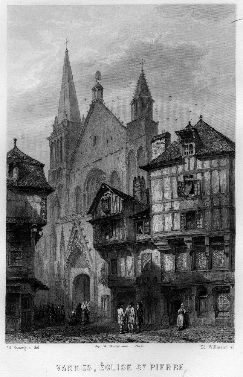 Udsigt over byen Vannes og kirken Saint Pierre, Morbihan, Bretagne, Frankrig. Indgravering af Willmann i "La France ancienne et moderne" "af Jean-Bernard Mary-Lafon (Jean Bernard Mary Lafon) af Edouard Willmann