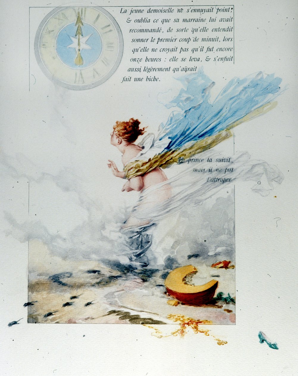 Charles Perrault (1628 - 1703): "" Askepot""" 1697. Illustrationen af Edouard de Beaumont (1887) viser Askepot, der flygter ved det tolvte slag ved midnat, hvor hun mister sin sko. Hestene bliver igen til rotter og vognen bliver til et græskar. af Edouard de (after) Beaumont