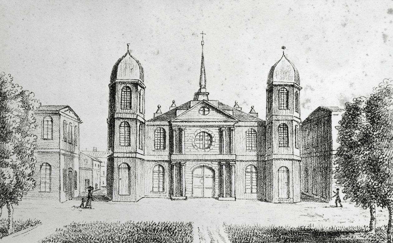 New Orleans kirke, USA, litografi af Edouard de Montule (1792-1828) fra rejse til Amerika, Italien, Sicilien og Egypten af Edouard de Montule