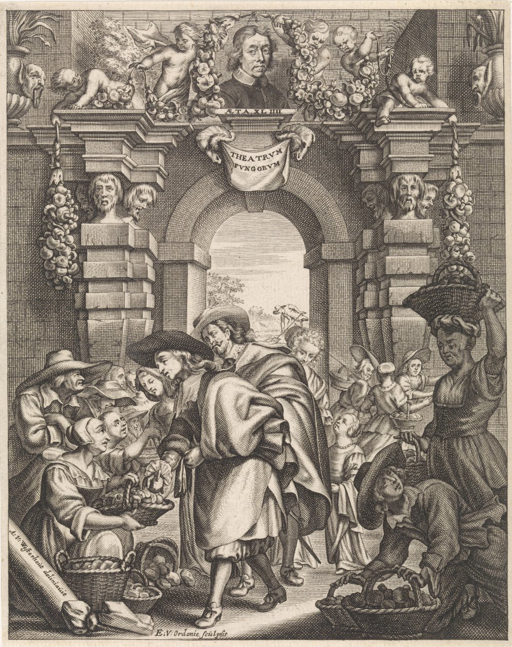 To herrer køber svampe på markedet Titelillustration for: F. van Sterbeeck, Theatrum Fungorum oft het tooneel der Campernoelien, 1675 af Edouard van Ordonie