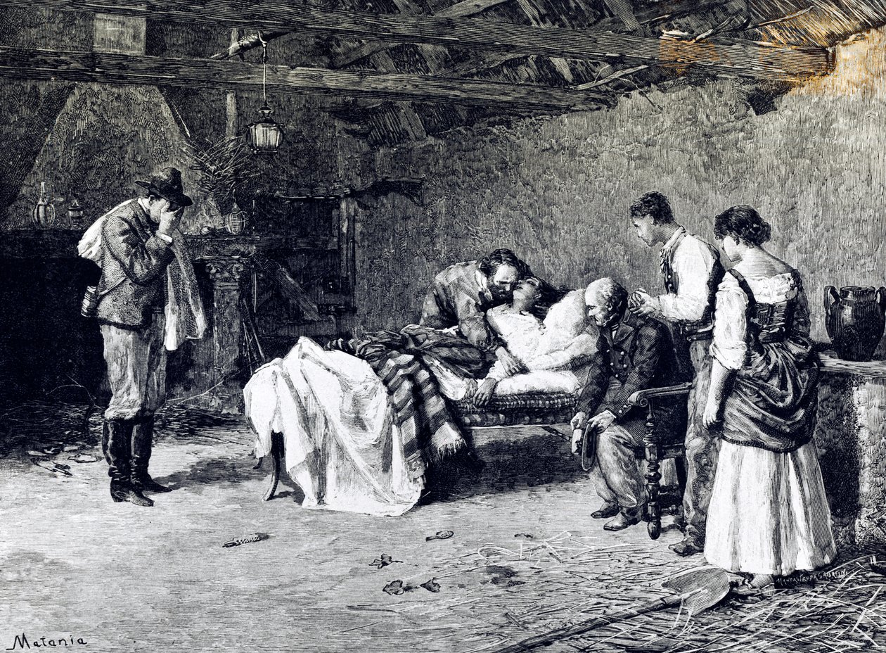 Anita Garibaldis død på markis Guicciolis gård (illustration) af Edouardo Matania