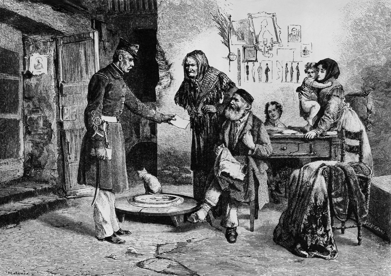 Bevægelig rigdom, embedsmand, der afgiver retskendelse til skrædder, der lever i elendighed, Italien, gravering fra tegning af Edoardo Matania (1847-1929), fra L