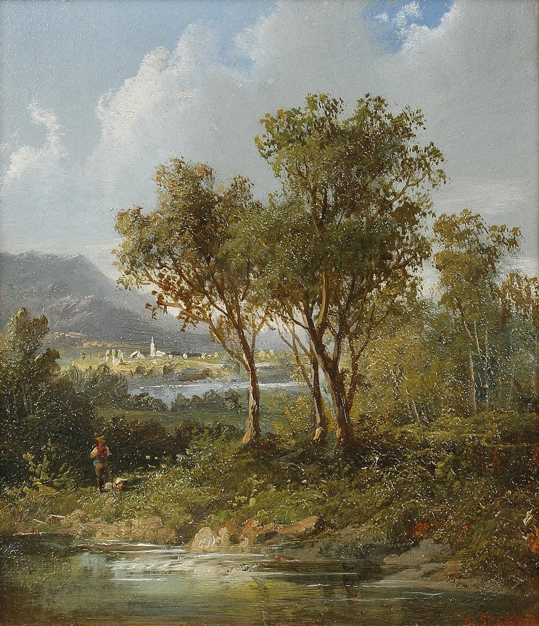 Figur ved siden af en sø med fjerne bjerge af Eduard Boehm