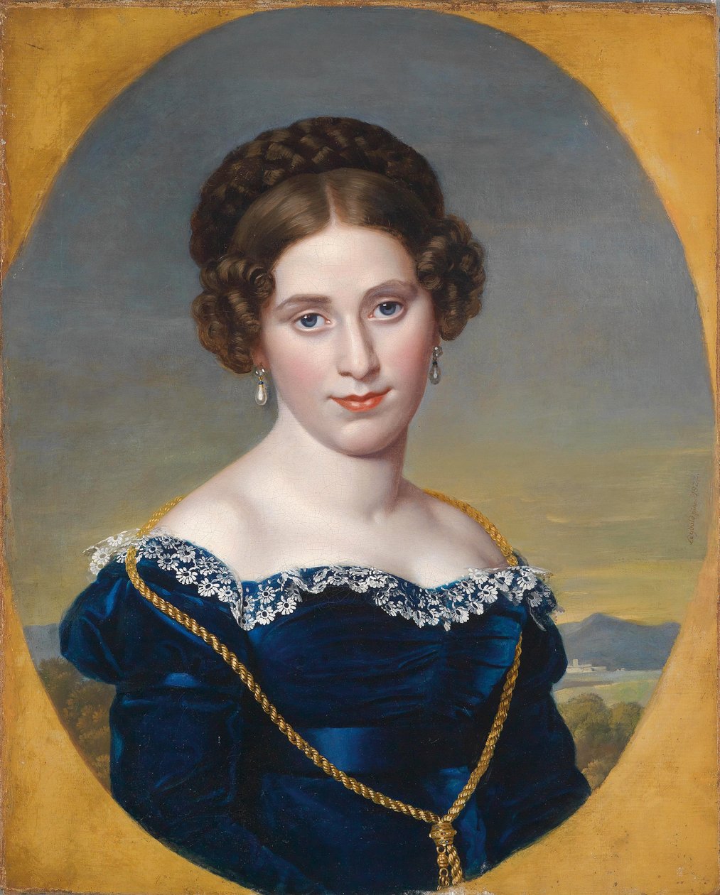 Portræt af en ung kvinde / portræt af en dame foran en landskabsbaggrund af Eduard Friedrich Leybold