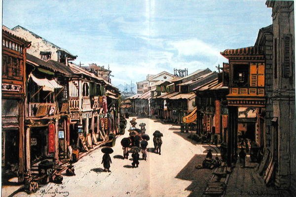 En gade i Hong Kong i midten af det nittende århundrede (farve litho) af Eduard (after) Hildebrandt