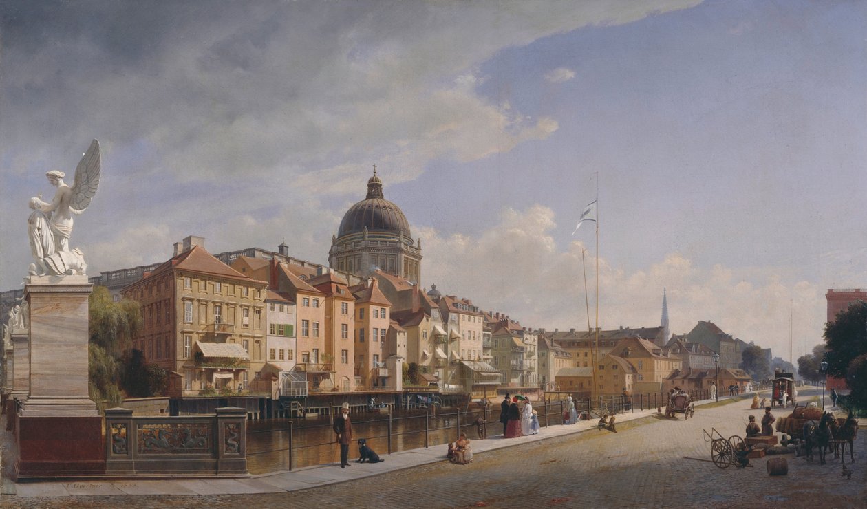 Set bagfra af husene ved Schlossfreiheit, Berlin af Eduard Gaertner