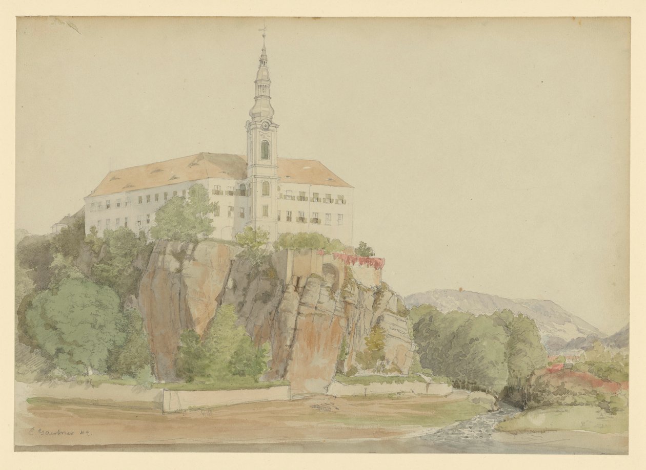 Slot ved floden (Donau?) af Eduard Gaertner